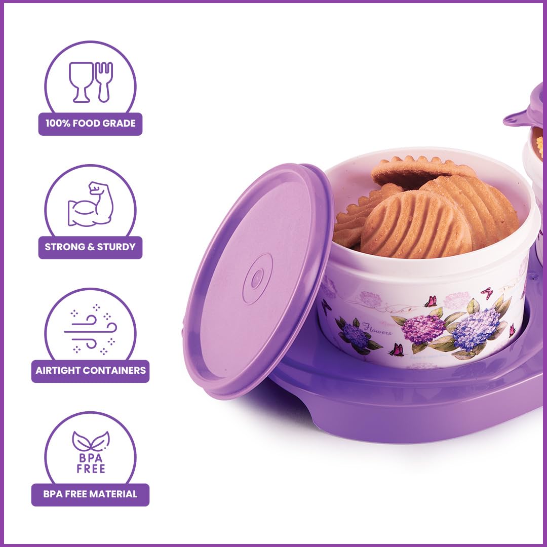 oliveware Breeze Floral Print Serving Container & Tray With Airtight Lid, BPA Free, 2 Containers (500ml) each, For Snacks & Dry Fruits - Voilet