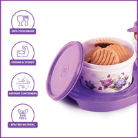 oliveware Breeze Floral Print Serving Container & Tray With Airtight Lid, BPA Free, 2 Containers (500ml) each, For Snacks & Dry Fruits - Voilet