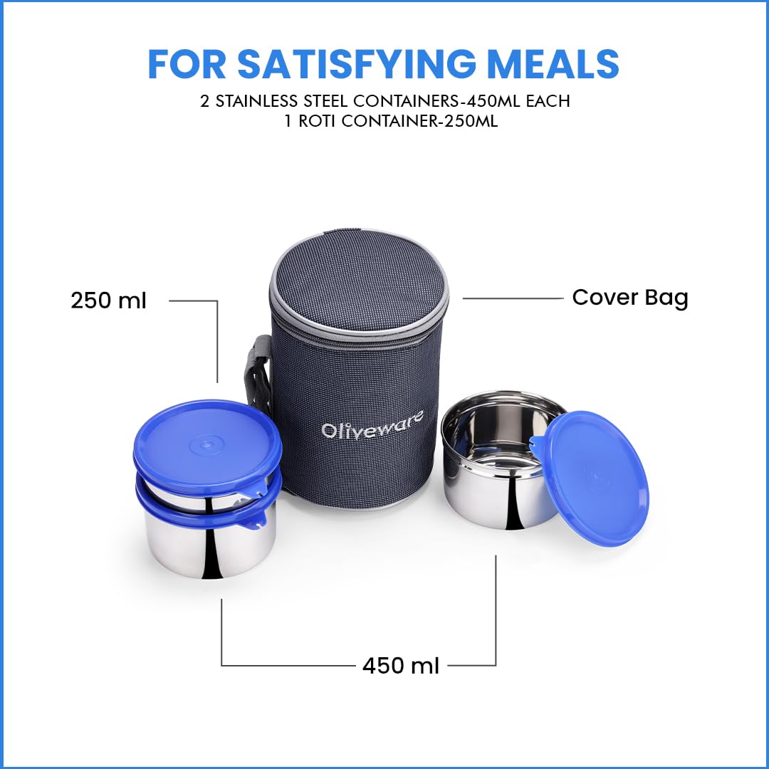 oliveware Angelic Lunch Box, Leak Proof, 3 Stainless Steel Containers with BPA Free Airtight Lid (450ml, 450ml & 250ml), Insulated Fabric Bag - Blue