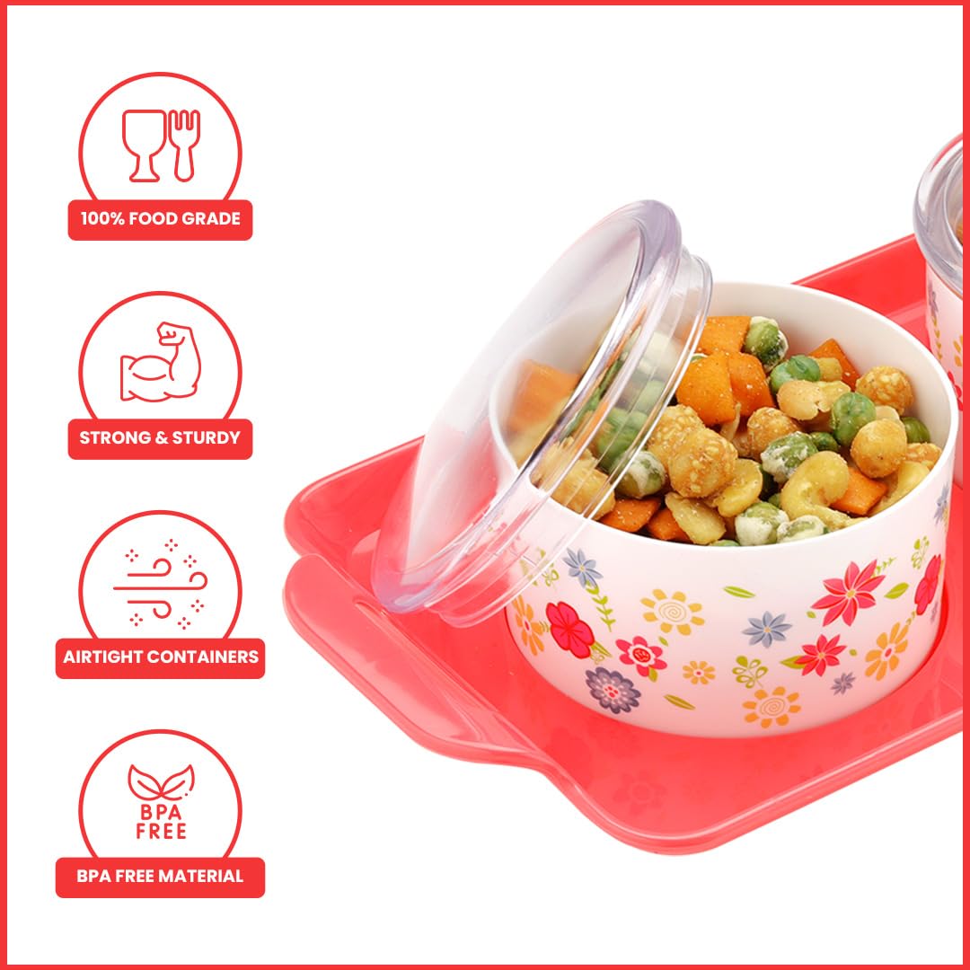 oliveware Venice Dry Fruit Container Tray with Airtight Lid, BPA Free, For Snacks & Dry Fruits, 3 Containers (350ml) each - Red