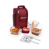 SOPL-OLIVEWARE Executive Glassware Lunchbox, Borosilicate Glass, Microwave Safe,Set of 3 with BPA Free Lid (320ml) Each - Mahroon