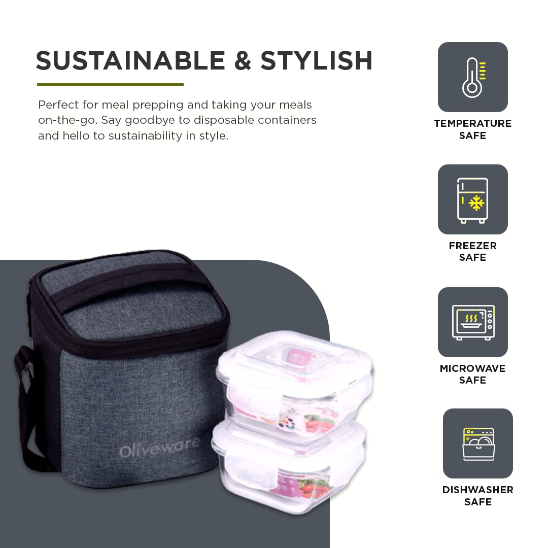 Oliveware Vegas Glassware Lunchbox for Office | Borosilicate Glass | Microwave, Dishwasher & Freezer Safe | Set of 2 Leak Proof & Air Tight Containers | 320ml each