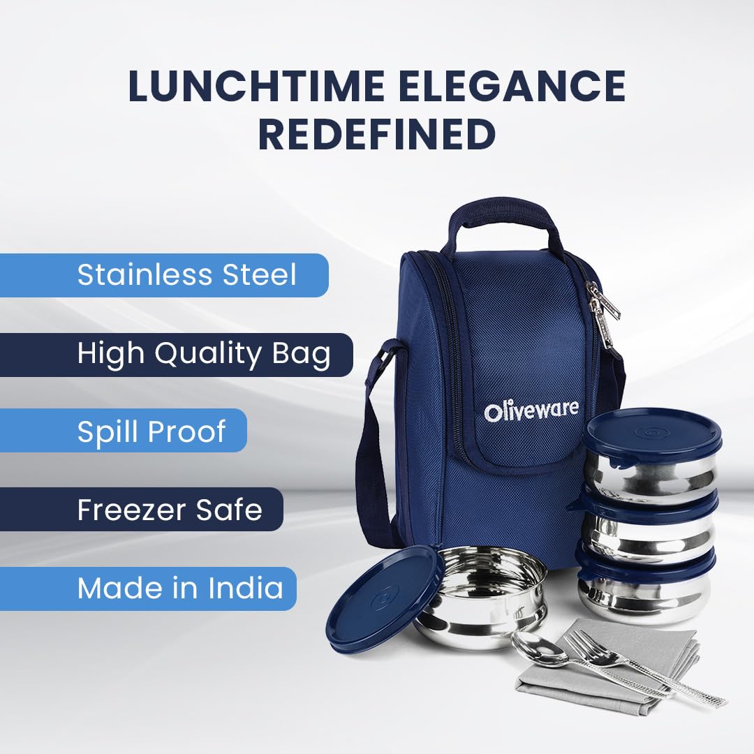 SOPL-OLIVEWARE Compact Lunch Box, 100% Leak Proof, 4 Stainless Steel Containers with BPA Free Lids (450ml) Each, Napkin & Steel Cutlery, Fabric Bag - Blue