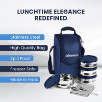 SOPL-OLIVEWARE Compact Lunch Box, 100% Leak Proof, 4 Stainless Steel Containers with BPA Free Lids (450ml) Each, Napkin & Steel Cutlery, Fabric Bag - Blue