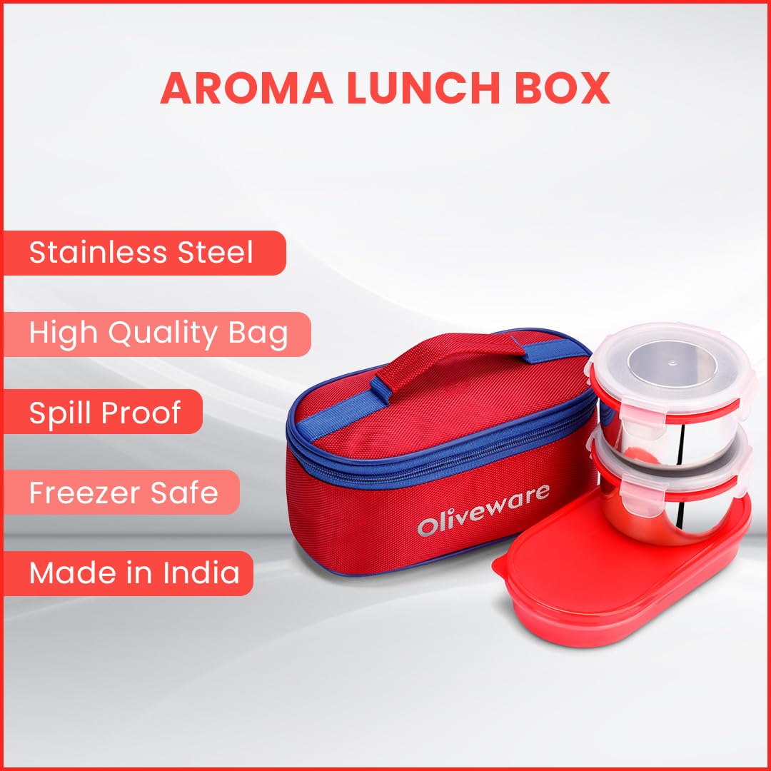 oliveware Aroma Stainless Steel Lunch Box, Leak Proof, 2 Container with BPA Free Air-Tight Lid (350ml & 350ml), Plastic Roti Box (450ml) - Red