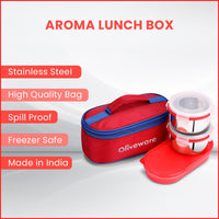 oliveware Aroma Stainless Steel Lunch Box, Leak Proof, 2 Container with BPA Free Air-Tight Lid (350ml & 350ml), Plastic Roti Box (450ml) - Red