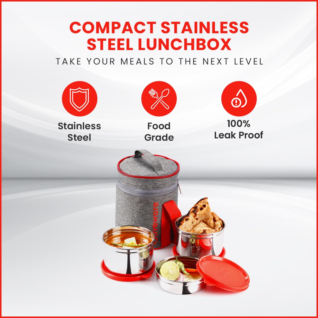 SOPL-OLIVEWARE Star Lunch Box, 100% Leak Proof, 3 Stainless Steel Containers with BPA Free Airtight Lids (600ml, 600ml & 300ml), Fabric Bag - Red