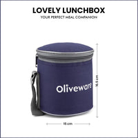 oliveware Lovely Little Plastic Lunch Box, Microwave Safe & Leak Proof, Food Grade BPA Free 3 Containers (290ml, 290ml, 600ml), Fabric Bag - Blue