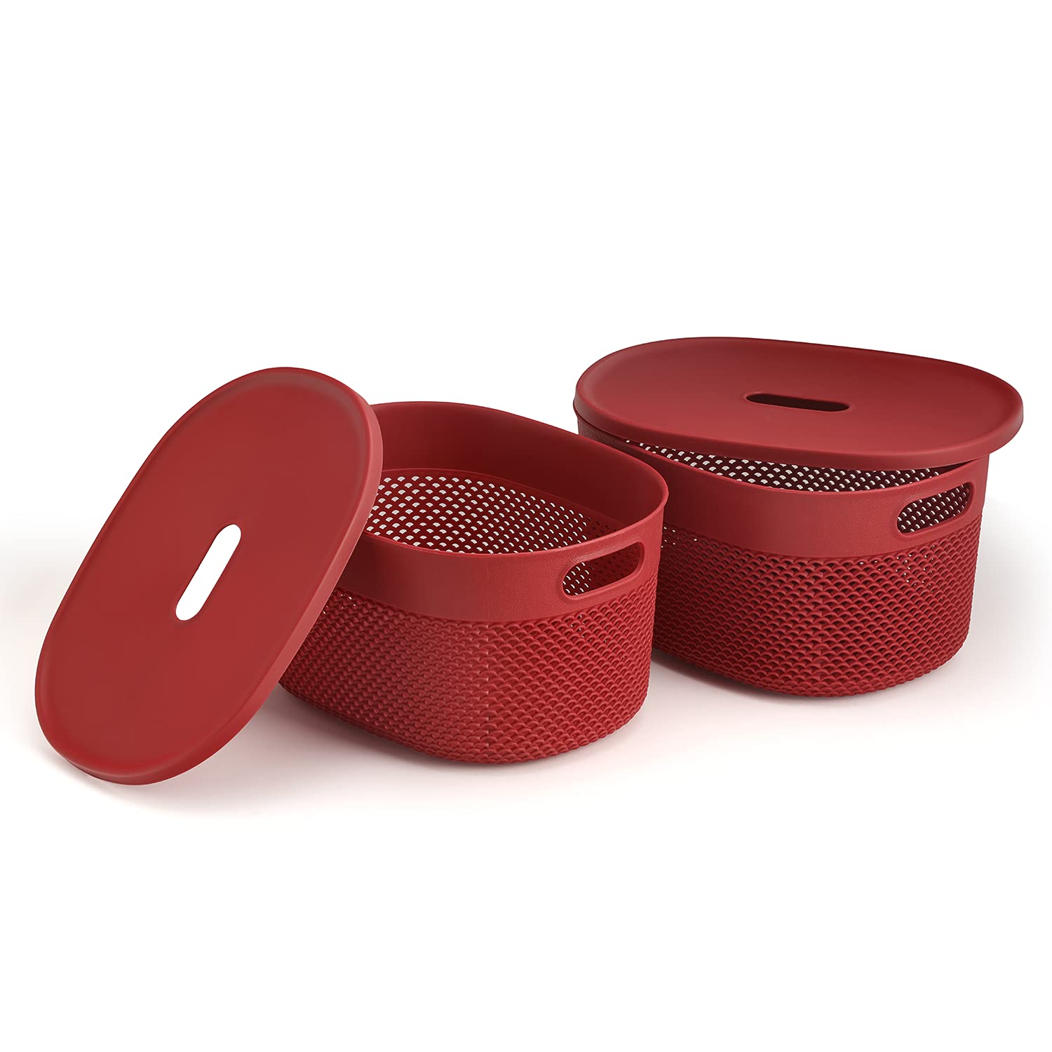 SOPL- Oliveware (logo) with Device Bingo Basket Stackable Storage Organiser With Lids For Clothes & Toys, BPA Free Plastic, Set of 2 Small -3.4 L(Maroon)