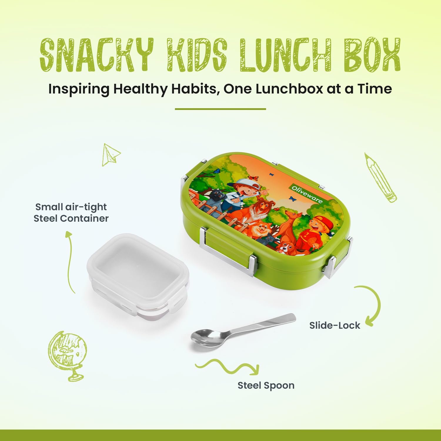 Oliveware Snacky Kids Lunch Box, Stainless Steel in 700ml Include Sabzi Container(180ml) & Steel Spoon, Food Grade BPA Free, Leak Proof & Colourful Designs (Green)