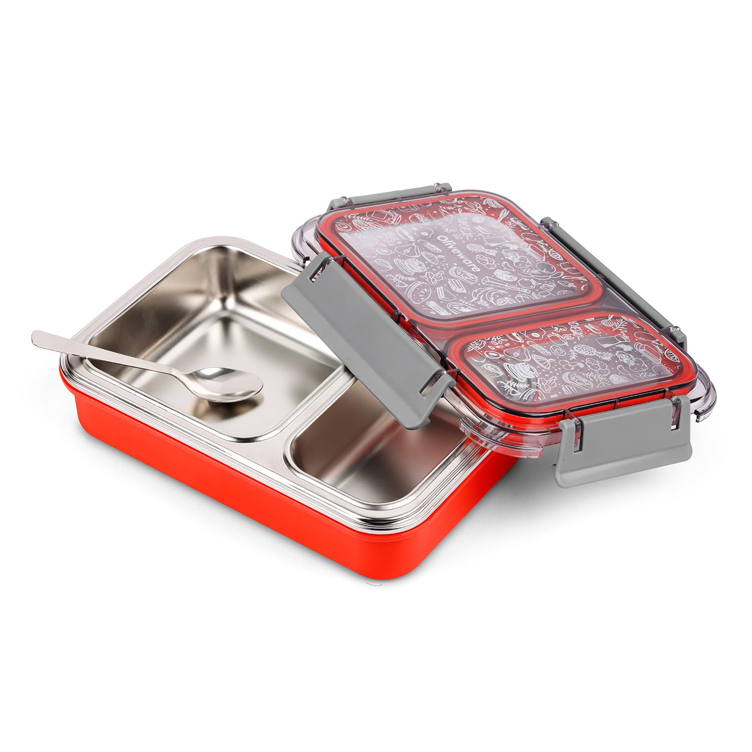 Oliveware Bento Master 2 Lunch Box | with 2 dividers | Steel Spoon | Stainless Steel | Dishwasher & Freezer Safe (Bento 2, Orange)