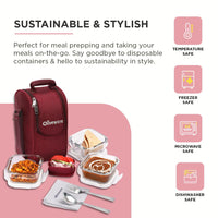 SOPL-OLIVEWARE Executive Glassware Lunchbox, Borosilicate Glass, Microwave Safe,Set of 3 with BPA Free Lid (320ml) Each - Mahroon