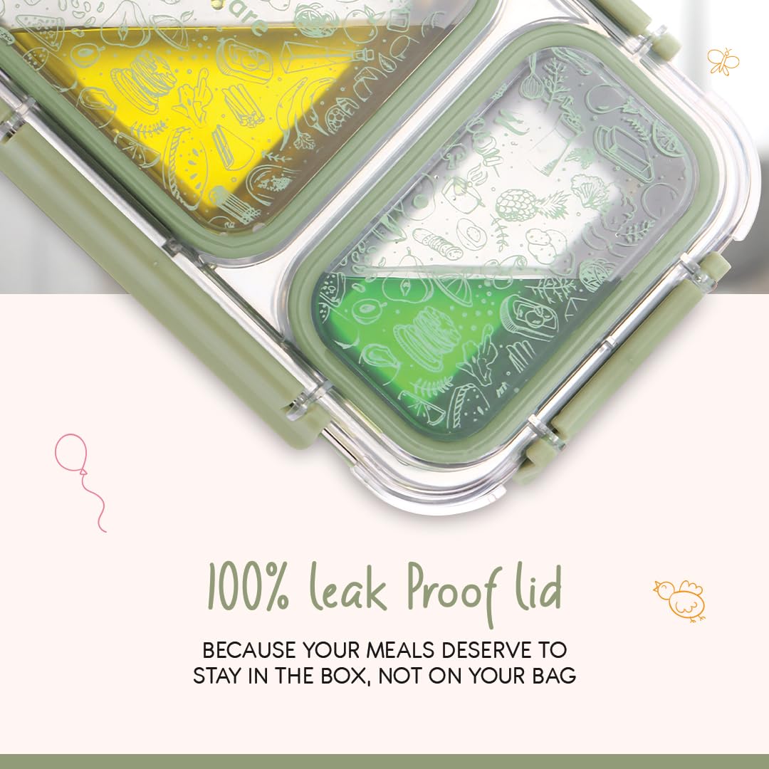 Oliveware Bento Master 2 Lunch Box | with 2 dividers | Steel Spoon | Stainless Steel | Dishwasher & Freezer Safe (Bento 2, Green)