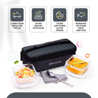 SOPL-OLIVEWARE Prism Borosilicate Glassware Square Lunchbox, Microwave Proof, Napkin & Steel Spoon, Set of 2 with 320ml Each - Grey