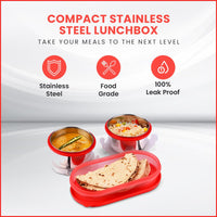 oliveware Aroma Stainless Steel Lunch Box, Leak Proof, 2 Container with BPA Free Air-Tight Lid (350ml & 350ml), Plastic Roti Box (450ml) - Red
