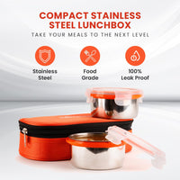 oliveware Crunch Lunch Box, 2 Stainless Steel Containers (300 ml), Leak Proof with BPA Free Air Tight Lids, Fabric Jacket - Orange