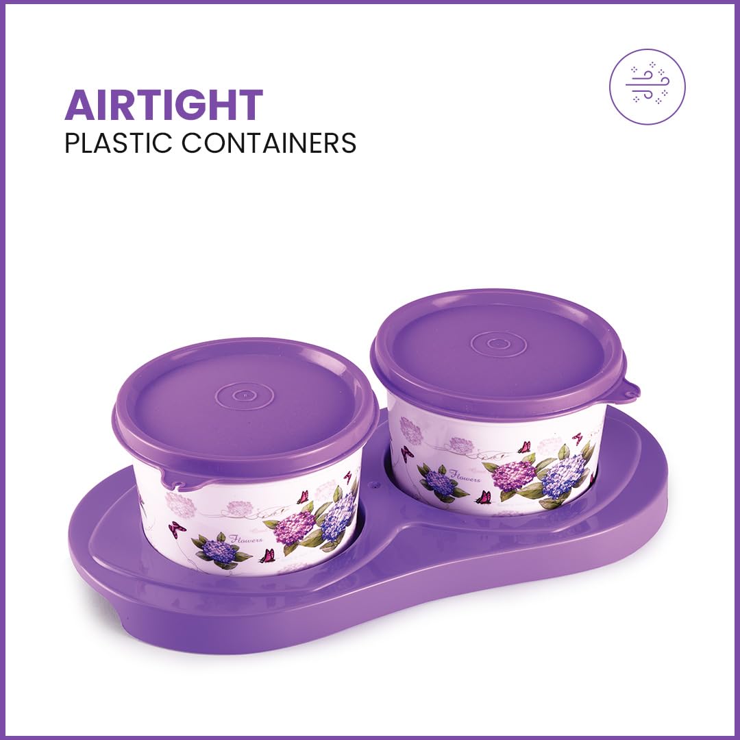 oliveware Breeze Floral Print Serving Container & Tray With Airtight Lid, BPA Free, 2 Containers (500ml) each, For Snacks & Dry Fruits - Voilet