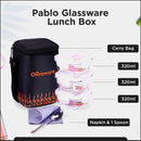 SOPL-OLIVEWARE Pablo Glassware Lunchbox, Napkin & Steel Spoon, Borosilicate Glass & Microwave Proof, 3 Container (320ml), Safety Lock Airtight Square Tiffin Storage Container- Blk_Org