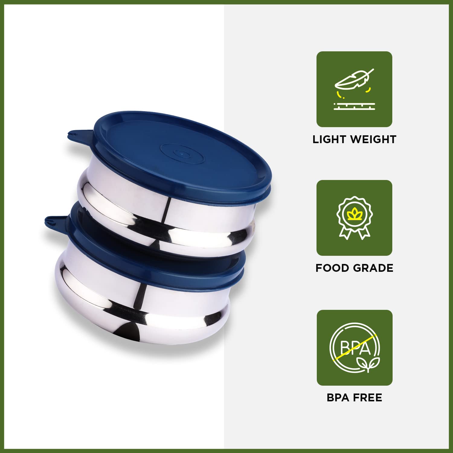 oliveware with Device Wonder Stainless Steel Containers, Leak Proof & Spill Proof, Dishwasher Safe, Set of 2 (450ml) Each - Blue