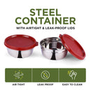 oliveware Elegant Storage Containers, 100% Leak Proof & Spill Proof, 2 Stainless Steel Containers with BPA free Airtight Lid (250 ml Each) - Red