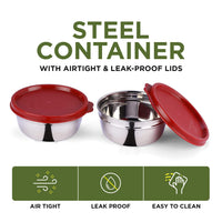 oliveware Elegant Storage Containers, 100% Leak Proof & Spill Proof, 2 Stainless Steel Containers with BPA free Airtight Lid (250 ml Each) - Red
