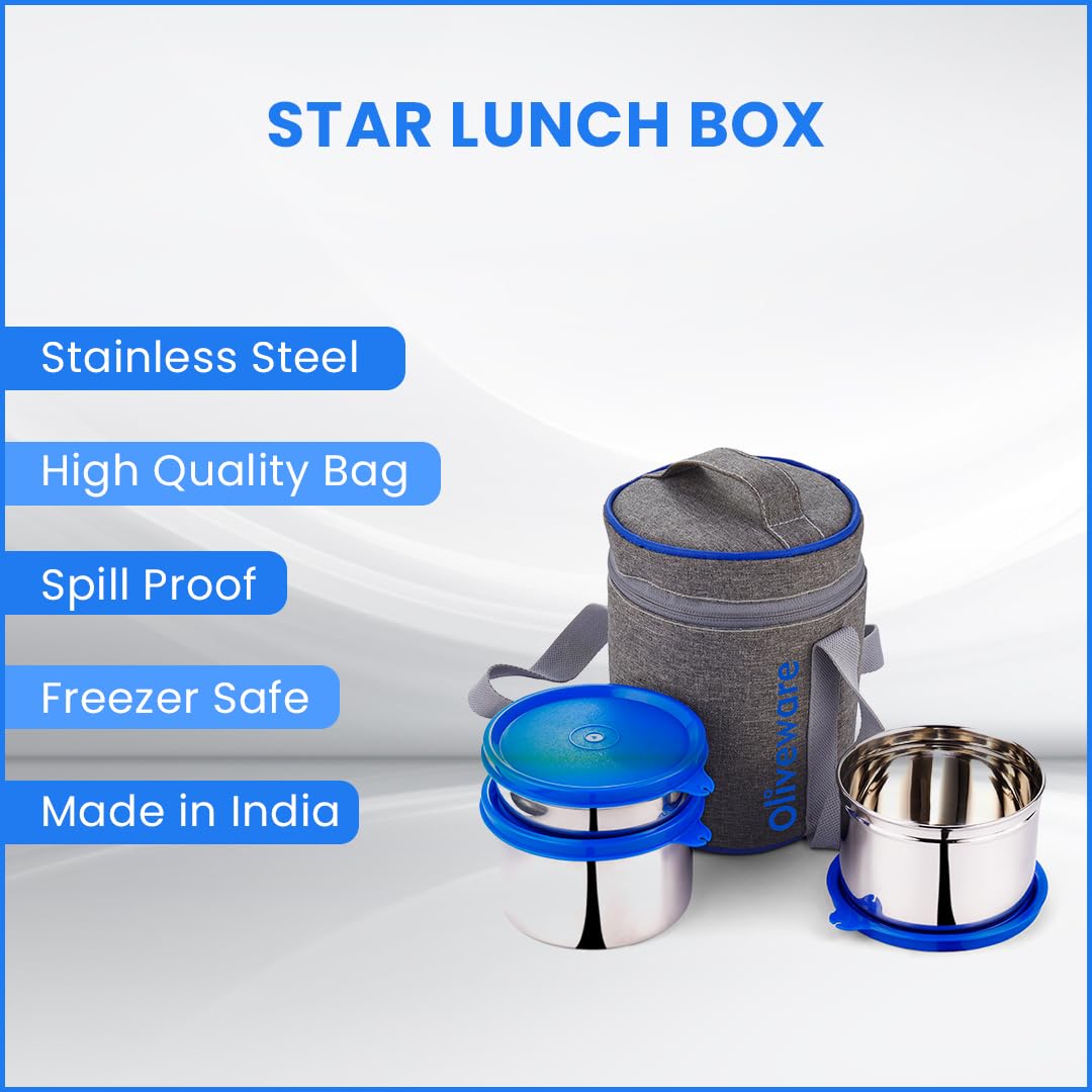 SOPL-OLIVEWARE Star Lunch Box, 100% Leak Proof, 3 Stainless Steel Containers with BPA Free Lids (600ml, 600ml & 300ml), Fabric Bag - Blue
