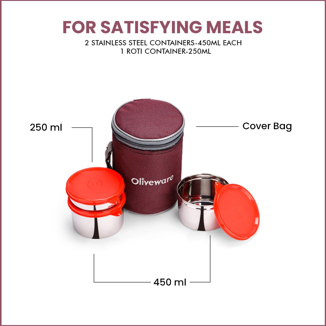 oliveware Angelic Lunch Box, Leak Proof, 3 Stainless Steel Containers with BPA Free Airtight Lid (450ml, 450ml & 250ml), Insulated Fabric Bag - Maroon