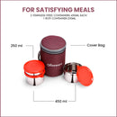 oliveware Angelic Lunch Box, Leak Proof, 3 Stainless Steel Containers with BPA Free Airtight Lid (450ml, 450ml & 250ml), Insulated Fabric Bag - Maroon