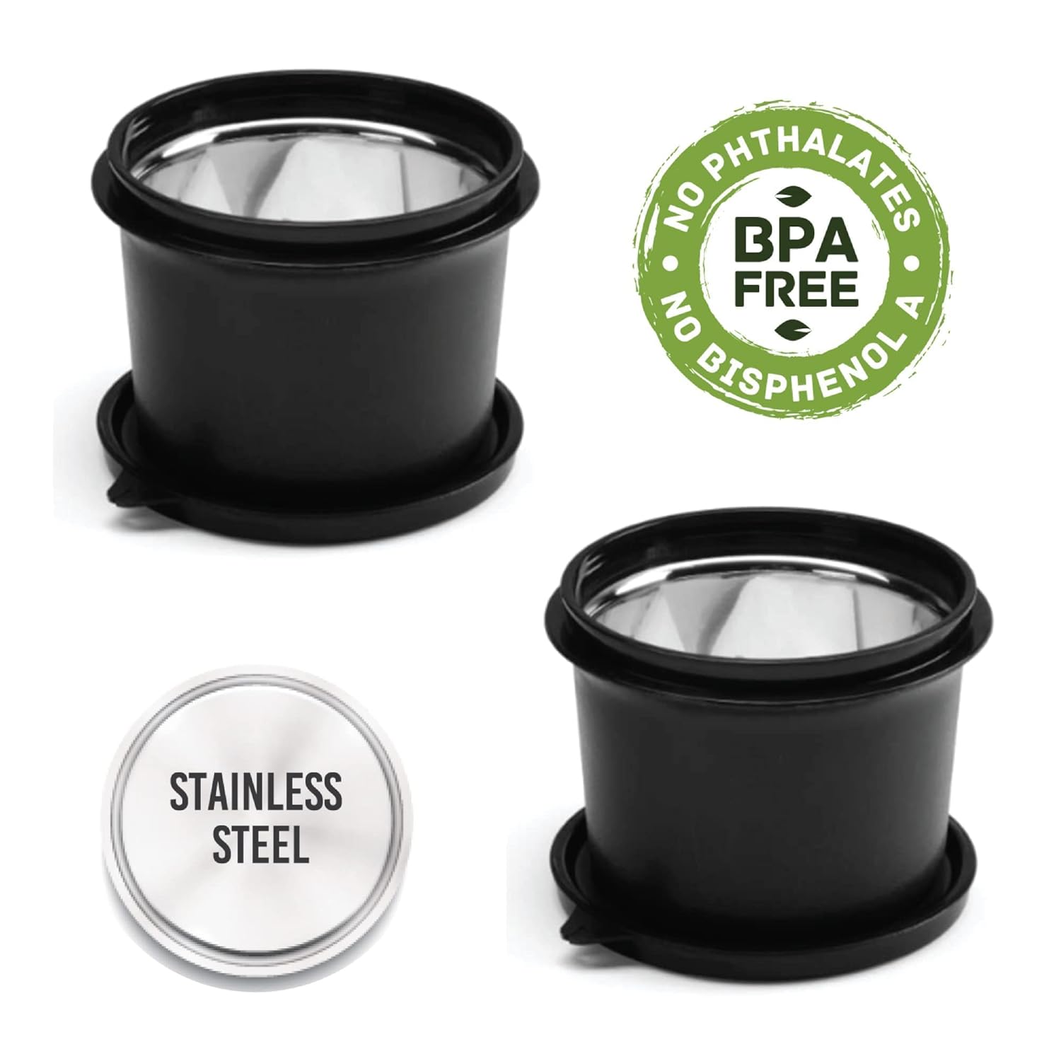 oliveware Benny Microwave Containers with BPA Free Airtight Lid, Stainless Steel Container, Leak Proof, Home & Office Use, Set of 2 (600ml) - Black