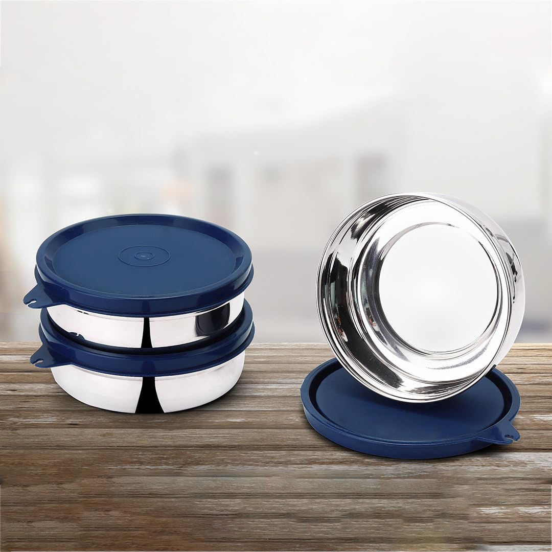 SOPL-OLIVEWARE Magic Storage Container, 100% Leak Proof & BPA Free Lid, Dishwasher Safe, 3 Stainless Steel Containers with 300 ml Each - Blue