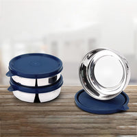 SOPL-OLIVEWARE Magic Storage Container, 100% Leak Proof & BPA Free Lid, Dishwasher Safe, 3 Stainless Steel Containers with 300 ml Each - Blue