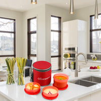 oliveware Lovely Little Plastic Lunch Box, Microwave Safe & Leak Proof, Food Grade BPA Free 3 Containers (290ml, 290ml, 600ml), Fabric Bag - Red