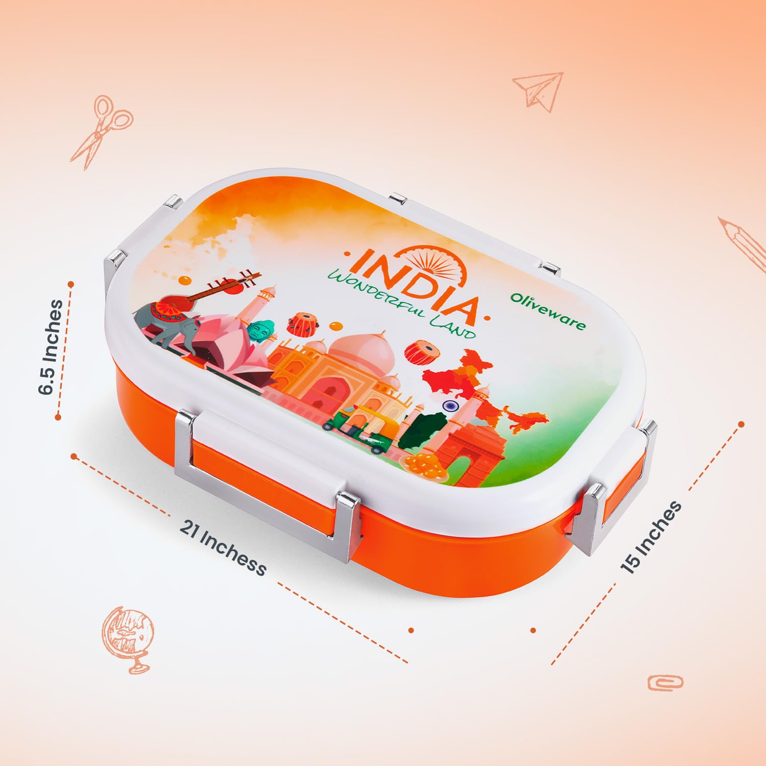 Oliveware Snacky Kids Lunch Box, Stainless Steel in 700ml Include Sabzi Container(180ml) & Steel Spoon, Food Grade BPA Free, Leak Proof & Colourful Designs (Orange)