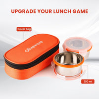 oliveware Crunch Lunch Box, 2 Stainless Steel Containers (300 ml), Leak Proof with BPA Free Air Tight Lids, Fabric Jacket - Orange