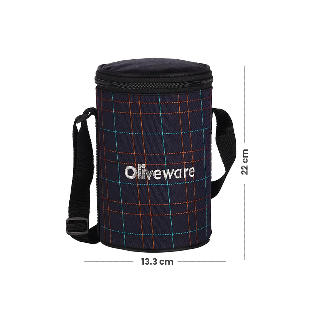 SOPL-OLIVEWARE Amber Lunch Box, Microwave Safe & Leak Proof, 3 Inside Steel Containers with BPA Free Lids (2 * 450ml & 600ml), Fabric Bag - Blue