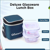 SOPL-OLIVEWARE Deluxe Glassware Lunchbox, Borosilicate Glass Containers, Microwave Safe & Leak Proof, 2 Containers with BPA Free Airtight Lid (320ml) Each - Blue