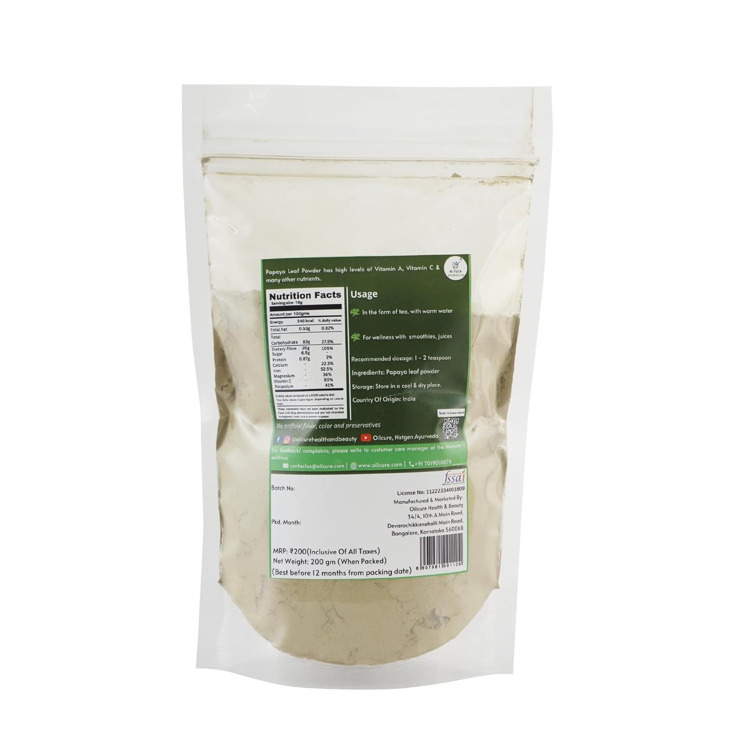 Nxtgen Ayurveda Papaya Leaf Powder | 200 gm | Papita Leaves Powder | Carica Papaya