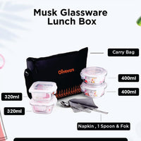 SOPL-OLIVEWARE Musk Glassware Lunchbox with Napkin & Steel Cutlery, Borosilicate Glass & Microwave Proof, Safety Lock Airtight Square Tiffin, 4 Container (2 * 320ml & 2 * 400ml) - Black&Orange