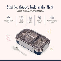 Oliveware Bento Master 2 Lunch Box | with 2 dividers | Steel Spoon | Stainless Steel | Dishwasher & Freezer Safe (Bento 2, Blue)