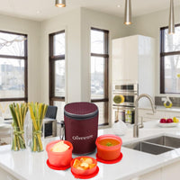 oliveware Easy Meal Plastic Lunch Box with Insulated Fabric Bag, BPA Free & Leak Proof, Set of 3 (290ml, 600ml, 600ml), Full Meal - Red