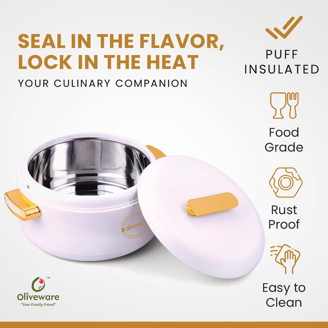 SOPL-OLIVEWARE Fresco Insulated Casserole, Inside Stainless Steel Keep Food Warm, BPA Free, Set of 1 (2000 ml Capacity) - White