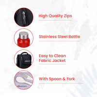 SOPL-OLIVEWARE Teso Lunch Box with Plastic Cutlery, 3 Microwave Safe Inner Steel Containers with BPA Free Lids(290ml, 450ml & 600ml), Plastic Pickle Box (130ml), Steel Water Bottle(750ml) - Red