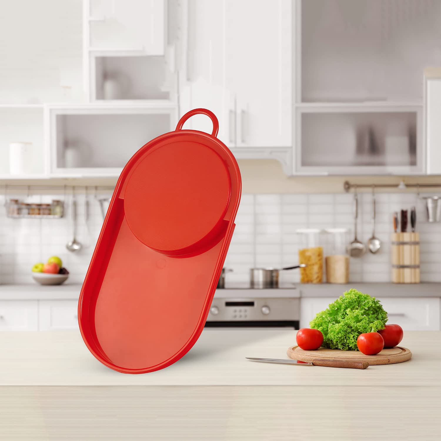 Oliveware Clap Chopping Board with Tray, BPA Free, for Meats, Salads & Fruits, Easy to Use & Clean - (Red)