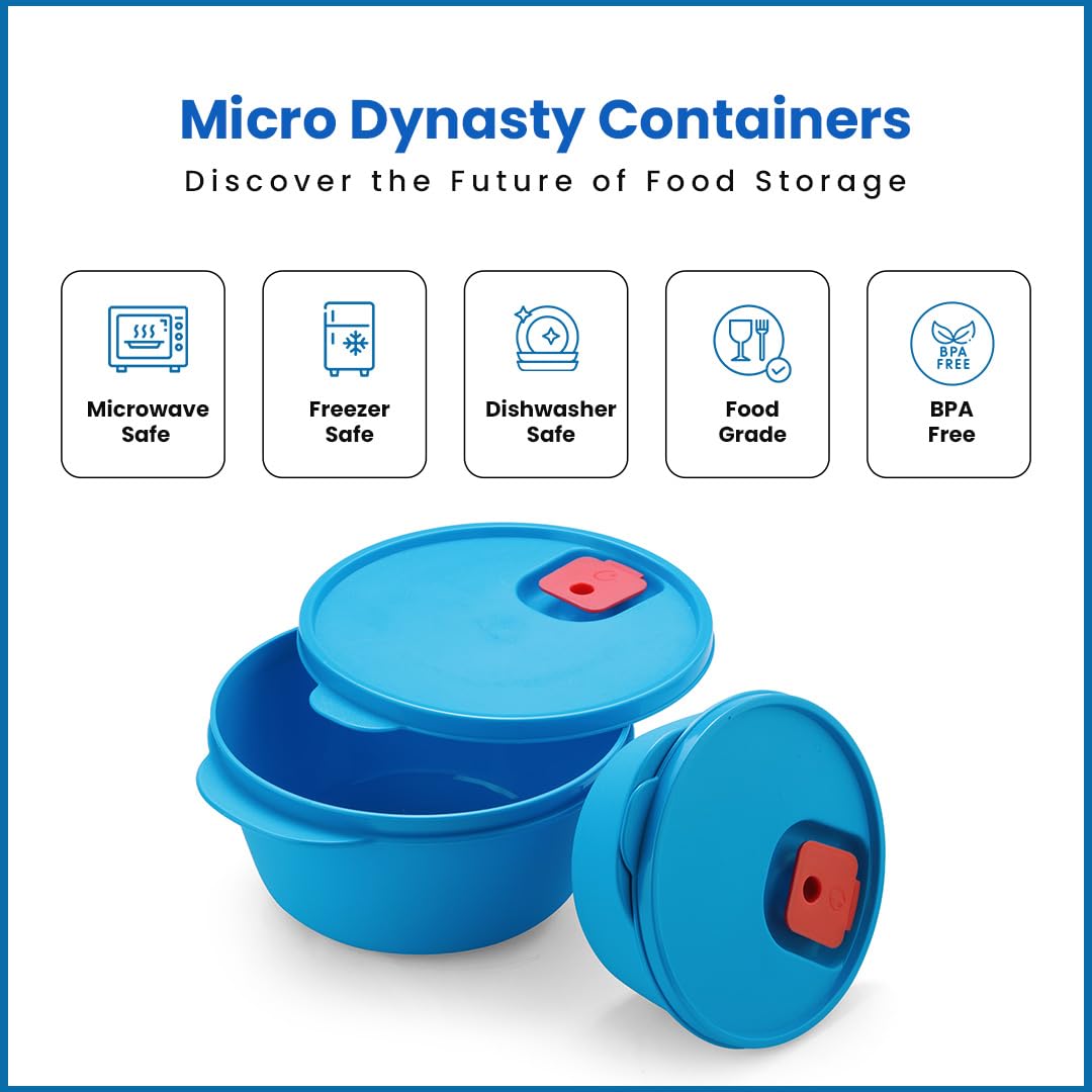 oliveware SOPL Micro Dynasty Food Storage Containers with Air Vent Lid, BPA-Free, Microwave Safe & Leak Proof, Set of 2 Big (2000ml) Each - Blue