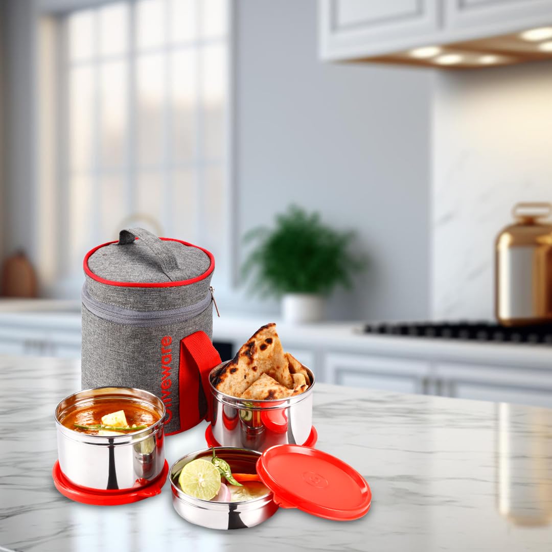 SOPL-OLIVEWARE Star Lunch Box, 100% Leak Proof, 3 Stainless Steel Containers with BPA Free Airtight Lids (600ml, 600ml & 300ml), Fabric Bag - Red