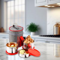 SOPL-OLIVEWARE Star Lunch Box, 100% Leak Proof, 3 Stainless Steel Containers with BPA Free Airtight Lids (600ml, 600ml & 300ml), Fabric Bag - Red