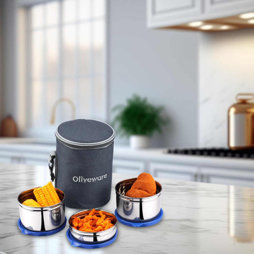 oliveware Angelic Lunch Box, Leak Proof, 3 Stainless Steel Containers with BPA Free Airtight Lid (450ml, 450ml & 250ml), Insulated Fabric Bag - Blue