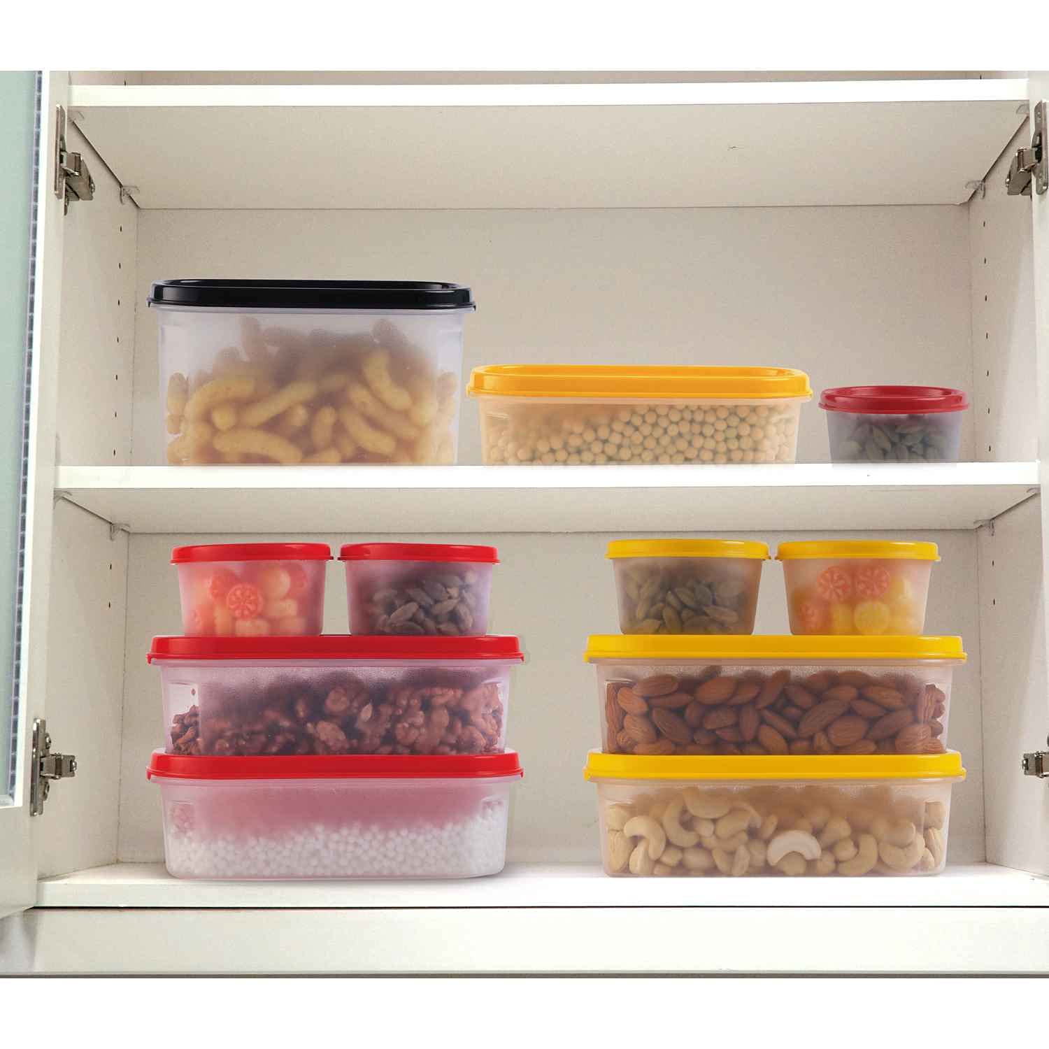 Oliveware Modular Storage Containers with Airtight Lid, BPA Free, For Pulses, Rice, Dal & Atta, Set of 4 (2x600ml, 2x180ml) - Red