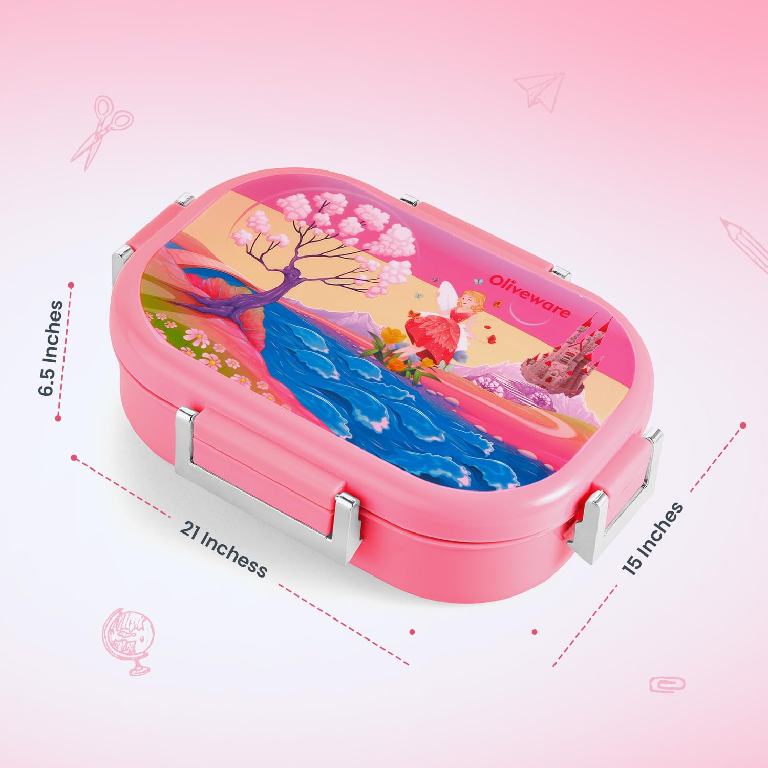 Oliveware Snacky Kids Lunch Box, Stainless Steel in 700ml Include Sabzi Container(180ml) & Steel Spoon, Food Grade BPA Free, Leak Proof & Colourful Designs (Pink)