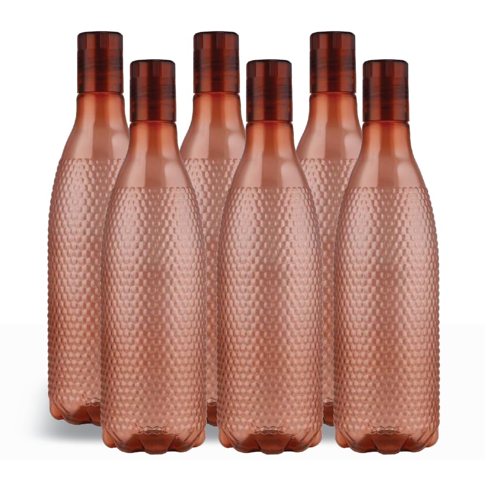 oliveware Honeycomb Design Premium PET Water Bottle With Better Grip, BPA Free & 100% Leak Proof, 1 Litre Bottle, For Home & Office Use, Pack of 6 - Brown